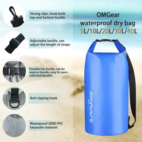 Miniatura 3 de OMGear - Bolsa seca impermeable y bolsa para teléfono, bolsa flotante de 40L/30L/20L/10L/5L para kayak, navegación, actividades al aire libre Azul