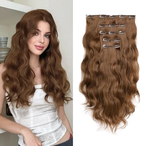 Miniatura 16 de Extensiones rubias onduladas con clip, de 18 pulgadas de largo, sintéticas, invisibles, gruesas, postizas, para mujeres, 5 piezas, rizadas, suaves