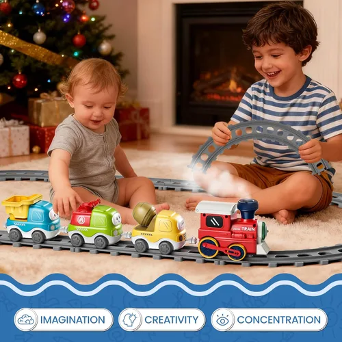 Miniatura 6 de Juego de tren eléctrico para niños pequeños con sonido y luces, juguetes de tren de conexión magnética con pistas y señales de tráfico, regalo
