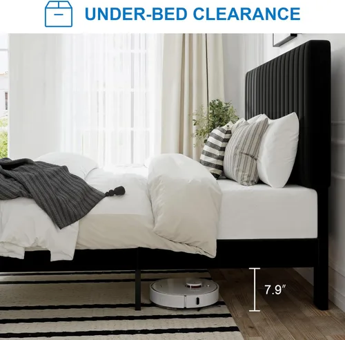 Miniatura 5 de GOLDORO Base de cama tapizada de terciopelo de tamaño matrimonial con cabecera capitoné de canal vertical, soporte de listones de madera,