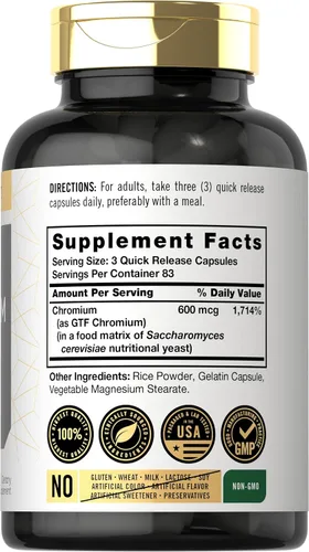 Miniatura 2 de Carlyle Suplemento de cromo GTF 600 mcg 250 cápsulas Factor de tolerancia a la glucosa Fórmula sin OMG y sin gluten