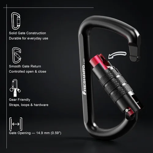 Miniatura 3 de FresKaro Clips de Mosquetón con Bloqueo Automático de 3 pulgadas, 12 kN-2698 libras, Forma D Sólida, Aluminio 7075 de Servicio Pesado, Ligero, 1.09