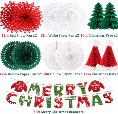 Miniatura 2 de Decoraciones de fiesta de Navidad, pancarta de Feliz Navidad, panal de abeja, sombreros de Papá Noel, árboles, copos de nieve, abanicos de papel