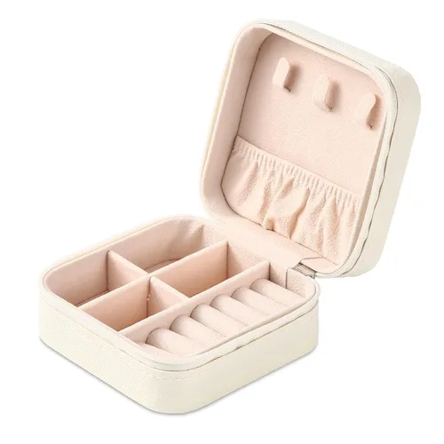 Mini joyero portátil de viaje de cuero para joyas de anillo organizador caja de regalo de almacenamiento para niñas y mujeres (blanco).
