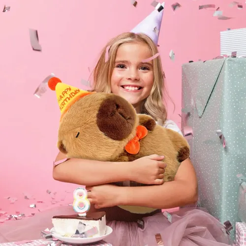 Miniatura 7 de Ditucu Lindo Peluche de Capibara con Sombrero de Cumpleaños Feliz y Lazo, Animal de Peluche Suave, Juguetes de Peluche para Niños, Decoración