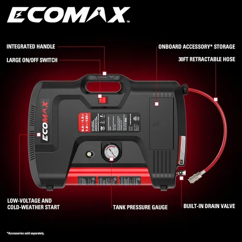 Miniatura 2 de ECOMAX Compresor de aire de montaje en pared, inflador de neumáticos, compresor de aire portátil, sin aceite, con manguera de aire retráctil de 30