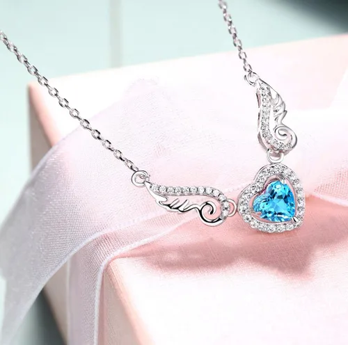 Miniatura 2 de Fine Jewelry - Collar con colgante de plata de ley 925, piedra preciosa natural, topacio azul suizo, amatista, peridoto, amor, corazón, alas de ángel