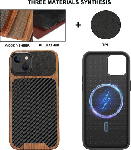 Miniatura 2 de TENDLIN Funda Magnética Compatible con iPhone 14 Plus Funda de Madera con Textura de Fibra de Carbono Diseño Híbrido de Cuero Cubierta Delgada Negro