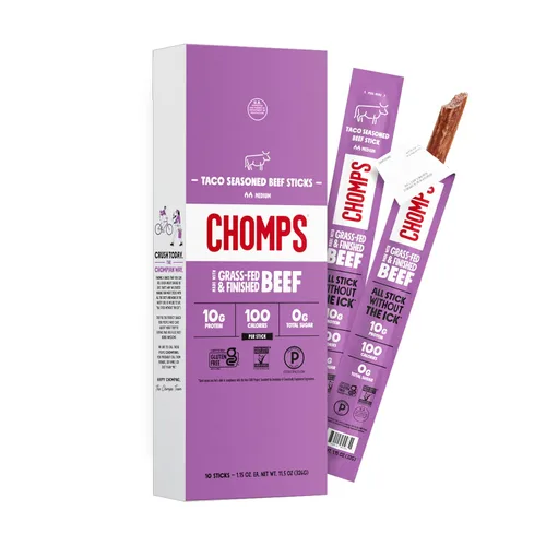 Miniatura 10 de Bocadillos Chomps, palillos de cecina, sin gluten, sin OMG, 100 calorías, para dietas paleo y keto, aprobados para dieta de 30 días, paquete de 10