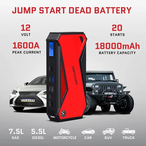 Miniatura 2 de DBPOWER Arrancador de coche portátil Peak 1600A 18000mAh (hasta 7.2 gasolina, motores diésel de 5.5L) con puerto de carga inteligente, pantalla LCD