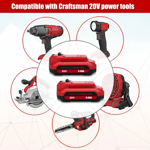 Miniatura 2 de BatPower Paquete de 2 baterías de repuesto compatibles con el sistema Craftsman V20, batería compacta de iones de litio de 4.0 Ah para herramientas