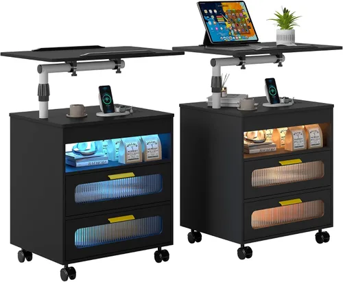 Miniatura 13 de WOOVIVS - Mesita de noche con estación de carga, mesa auxiliar con luces LED, mesa auxiliar inteligente con mesa giratoria ajustable/cajón