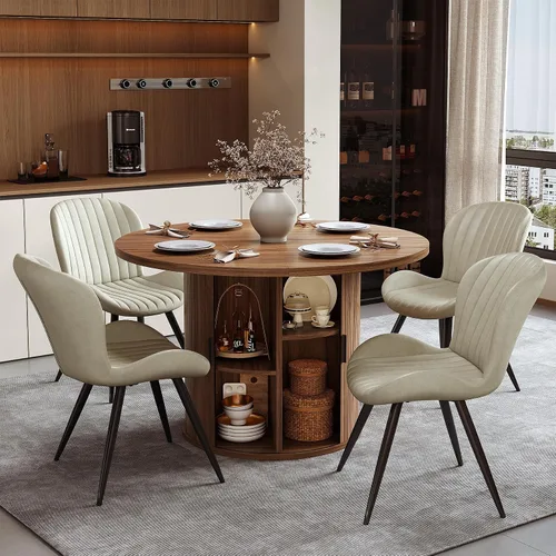 Miniatura 44 de Miereirl Juego de mesa y sillas de comedor moderno redondo, con una mesa de comedor de madera equipada con compartimentos de almacenamiento