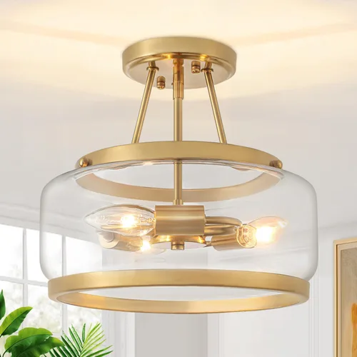 Miniatura 12 de Lámpara de techo semiempotrada dorada de 11.81 pulgadas, moderna lámpara de techo de tambor de cristal, lámpara de techo de 3 luces para pasillo