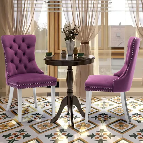 Miniatura 60 de Juego de 2 sillas de comedor tapizadas de terciopelo, sillas laterales de cocina de estilo moderno con ribete de cabeza de clavo y patas de madera