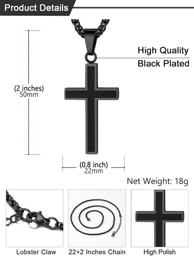 Miniatura 4 de U7 Collar de cruz simple para hombres y mujeres, acero inoxidable, plateado, negro, oro, cruz latina, colgante, grabable, longitud de 22 a 24