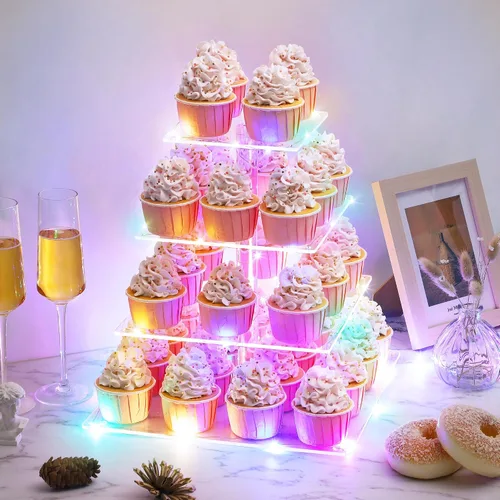 Miniatura 5 de Suneerplay Soporte para cupcakes de 4 niveles con cadena de luz LED, soporte de exhibición de cupcakes de acrílico, soporte cuadrado para torre