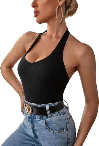 Miniatura 4 de SheIn Camiseta sin mangas con cuello halter para mujer, estilo casual, de punto acanalado