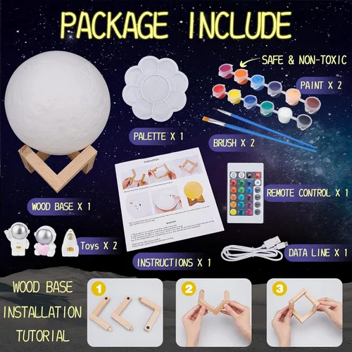 Miniatura 3 de Minleway Kit Recargable de Pintura para Hacer tu Propia Lámpara de Luna de 7.1 Pulgadas con 16 Colores, Kit de Artes y Manualidades para Hacer Luces