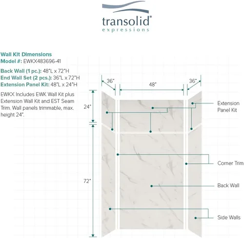 Miniatura 4 de Transolid EWKX483696-41 Expressions - Kit de pared de ducha de 6 paneles con extensión, 36 pulgadas de largo x 48 pulgadas de ancho x 96 pulgadas