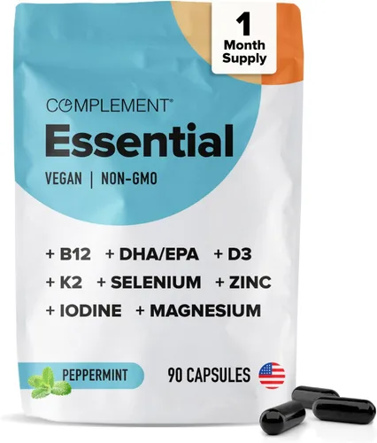 Complement Multivitamínico vegano esencial para mujeres y hombres - Suplemento de apoyo inmunológico con Omega-3 DHA y EPA, B12, vitamina D3 y K2,