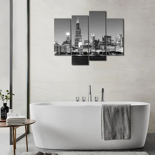 Miniatura 4 de 4 unidades de pintura de tela moderna arte de pared la imagen para la decoración del hogar, vista panorámica del horizonte de Chicago de noche