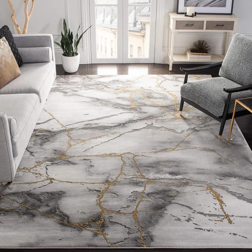 SAFAVIEH Craft Collection Alfombra de Área - Alfombra cuadrada de 8 pies, color gris y dorado, diseño abstracto moderno, no desprende pelusa y de