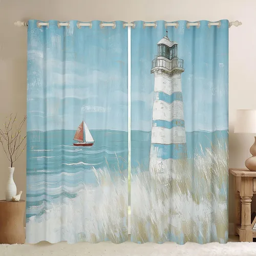 Miniatura 21 de Erosebridal Nautical Lighthouse Blackout Curtains 30-50% Navigation Theme Curtains for Women Men Watercolor Seascape Window Treatments Coastal Night