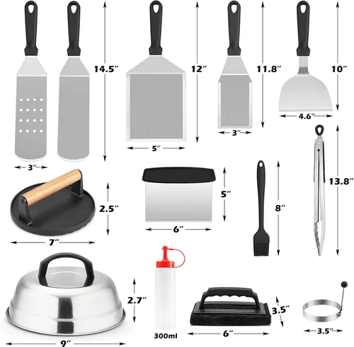 Miniatura 2 de HaSteeL Kit de 18 accesorios para plancha, herramientas Teppanyaki para cocinar a la parrilla de campamento, cúpula de fusión de acero inoxidable