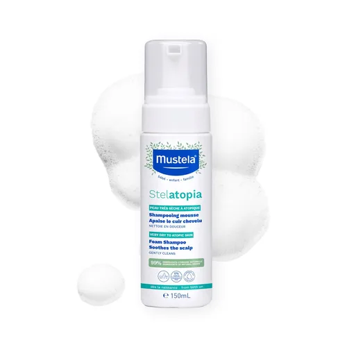 Mustela Stelatopia - Champú de espuma para piel propensa al eczema para recién nacidos y bebés, con aceite natural de aguacate y girasol, sin