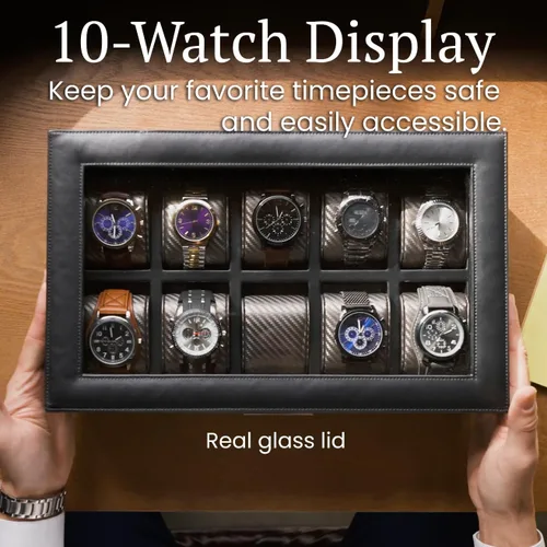 Miniatura 4 de HOUNDSBAY Yachtsman - Caja de reloj grande organizadora de joyas para hombres, organizador de joyas con cuero vegano, tapa de cristal y cajón