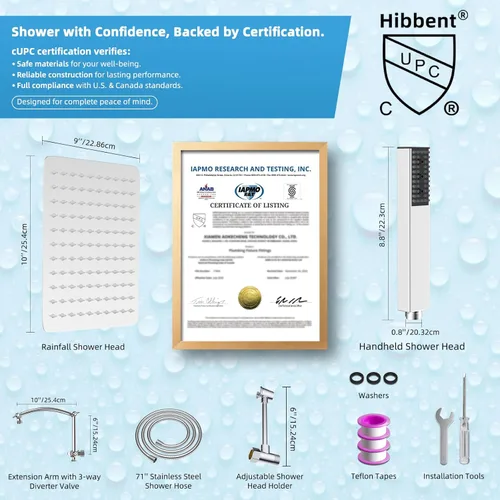 Miniatura 4 de Hibbent Cabezal de ducha de lluvia de 10 pulg. de metal completo con certificación CUPC, juego de cabezal de ducha doble, varita de ducha de mano
