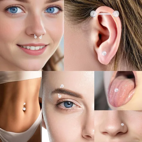 Miniatura 2 de Yolev Juego de 55 piercings de acrílico transparente: aretes para la nariz, aros para la nariz, anillos para el vientre, retenedores de tabique