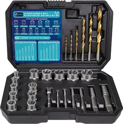 DOAHO Juego de 26 piezas de extractor de pernos de impacto y tornillos en espiral con brocas de mano inversa para kit de fácil extracción de