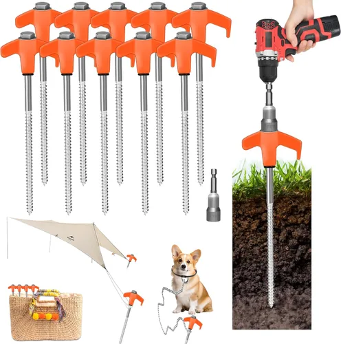 Miniatura 10 de Paquete de 12 estacas de tienda de 8" con tornillo para anclajes de suelo resistentes - Estacas de tienda de camping - Estacas de tienda roscadas