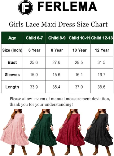 Miniatura 7 de Ferlema Vestido largo de encaje con volantes y manga 34 para niñas de 6 a 12 años