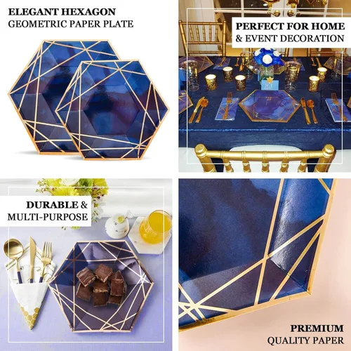 Miniatura 4 de Efavormart - Paquete de 25 platos hexagonales de papel blanco y dorado de 7 pulgadas, platos geométricos rígidos para postres y aperitivos