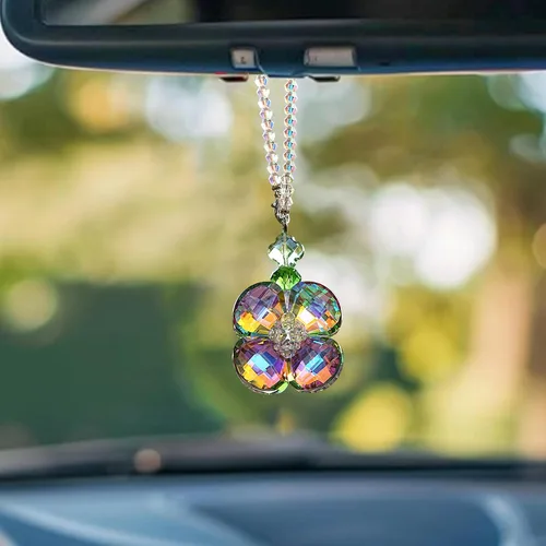 Miniatura 8 de H&D HYALINE & DORA Adorno colgante de cristal para espejo retrovisor de automóvil con trébol de cuatro hojas, adorno colgante para accesorios