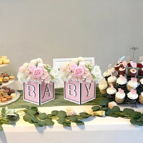 Miniatura 5 de Juego de 4 centros de mesa de baby shower para mesas, cajas de madera de 6 pulgadas con letras de bebé, cubos rústicos, bloques de madera para Rosa