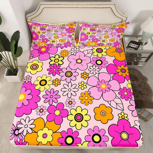 Miniatura 29 de Juego de ropa de cama con diseño floral bohemio, tamaño individual, diseño retro de flores groovy, 60S y 70S, diseño de flores hippie para niños