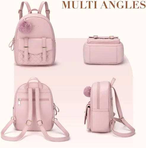 Miniatura 6 de Missnine Mini mochila para mujer, bonita mochila pequeña con pompón, de piel sintética, mochila pequeña casual para mujer, rosado (2-Pink)