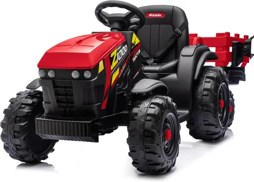 Hikiddo Juguete tractor de paseo para niños de 24 V, tractor eléctrico para niños de 3 a 8 años con remolque, motores de 2 x 200 W, color rojo