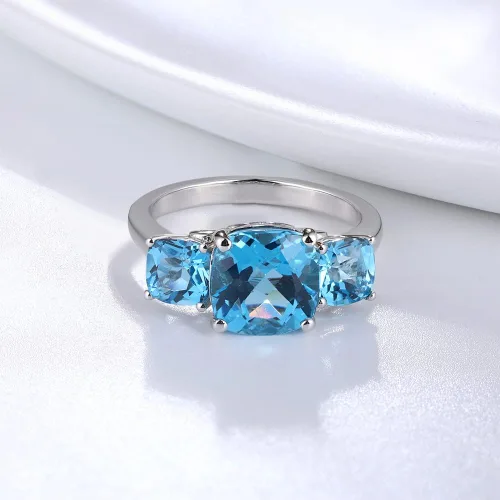 Miniatura 2 de supermodel 925 Sterling Silver Solitaire 3 Stone Statement Ring for Women 4 Cttw 8MM Natural Blue Topaz Promise Ring 18K White Gold Plated Size 6