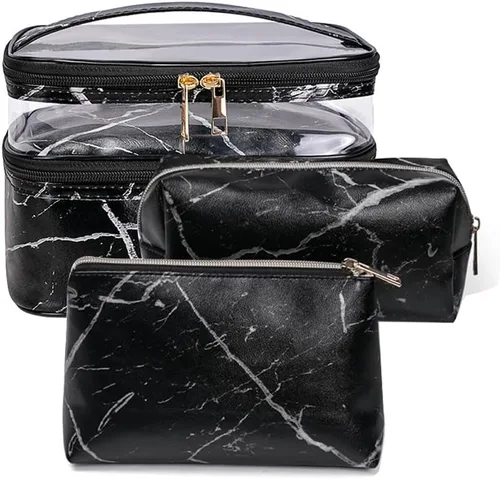 Miniatura 19 de FITINI 3 piezas de bolsas de maquillaje de doble capa, organizador de grandes estuches de cosméticos de viaje, bolsas de aseo impermeables, pequeña