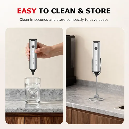Miniatura 7 de Bonsenkitchen Espumador de leche recargable con soporte, espumador de café de mano de 3 velocidades, batidor de doble resorte, espumador de mano