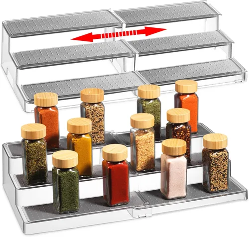 Miniatura 8 de Oizeir Especiero de plástico expandible de 3 niveles, longitud ajustable, estabilidad con estante antideslizante, tres niveles para una fácil