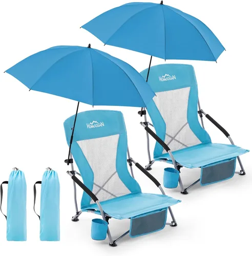 Miniatura 28 de Homcosan Silla de playa portátil baja plegable con paraguas desmontable, silla de campamento ligera para adultos con portavasos y bolsillo