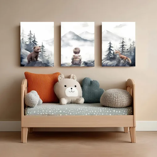 Miniatura 4 de kilamino Arte de pared de bosque neutral con animales salvajes, lindo póster de oso y zorro para guardería, impresiones de póster de aventura