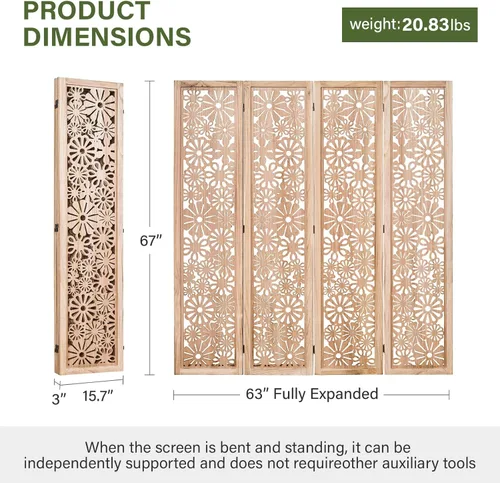 Miniatura 4 de Panel divisor de madera plegable, pantalla de privacidad tallada en margaritas de 67 pulgadas de alto, no requiere montaje, partición decorativa