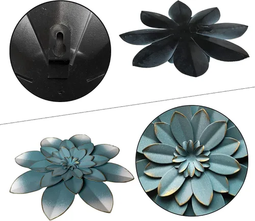 Miniatura 2 de Decoración artística de pared de flores de metal azul, escultura floral rústica moderna de 9.5 pulgadas, decoración desgastada para colgar